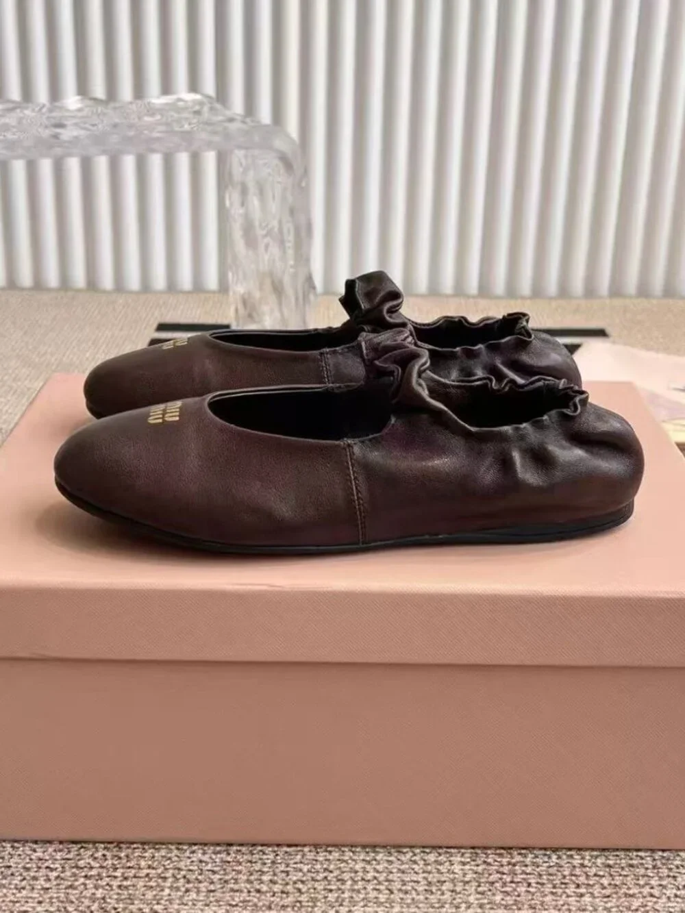 Miu Miu Dark Brown Leather Ruched Strap Ballet Flats